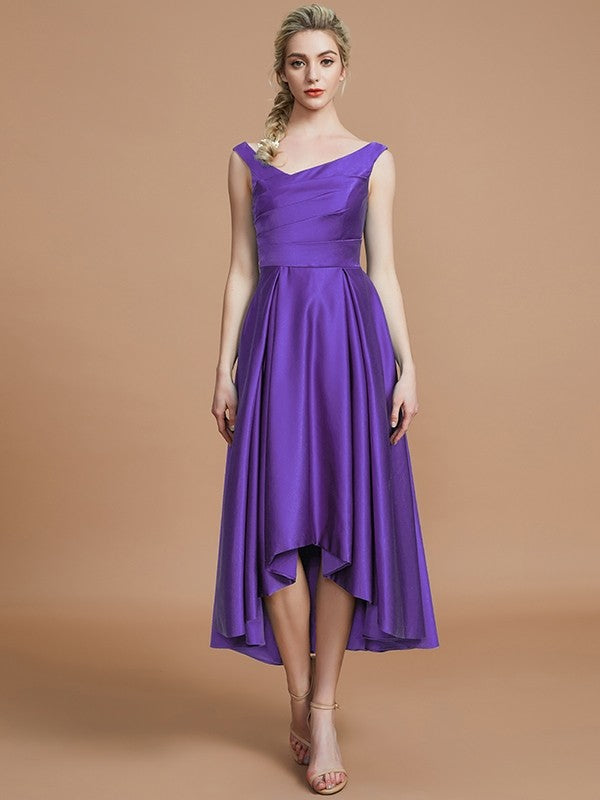 A-Line Charming V-neck Satin Asymmetrical Sleeveless Bridesmaid Dresses