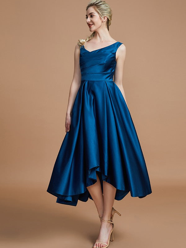 A-Line Charming V-neck Satin Asymmetrical Sleeveless Bridesmaid Dresses