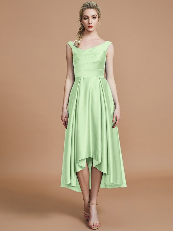 A-Line Charming V-neck Satin Asymmetrical Sleeveless Bridesmaid Dresses