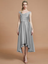 A-Line Charming V-neck Satin Asymmetrical Sleeveless Bridesmaid Dresses