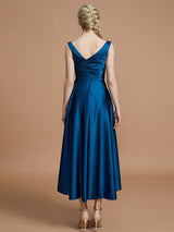 A-Line Charming V-neck Satin Asymmetrical Sleeveless Bridesmaid Dresses