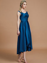 A-Line Charming V-neck Satin Asymmetrical Sleeveless Bridesmaid Dresses