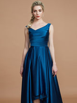 A-Line Charming V-neck Satin Asymmetrical Sleeveless Bridesmaid Dresses