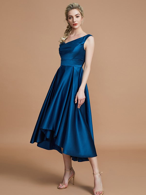 A-Line Charming V-neck Satin Asymmetrical Sleeveless Bridesmaid Dresses