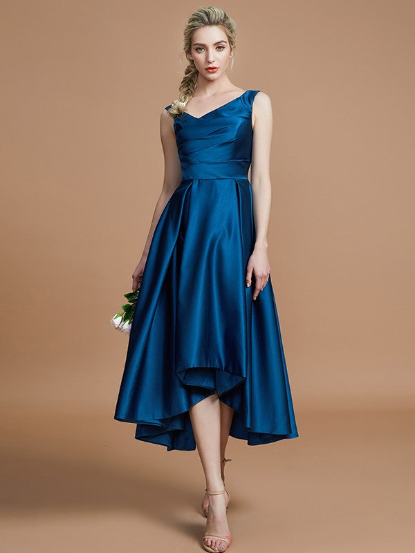 A-Line Charming V-neck Satin Asymmetrical Sleeveless Bridesmaid Dresses