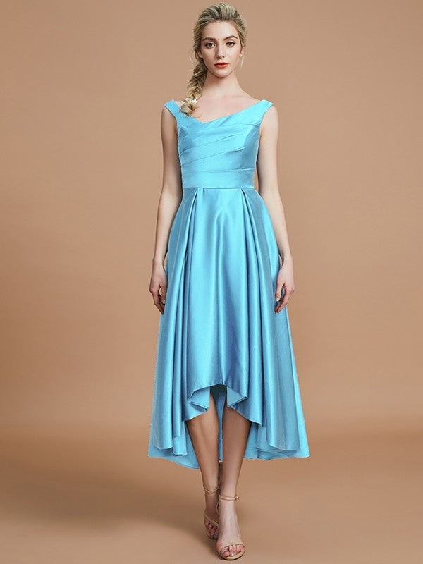 A-Line Charming V-neck Satin Asymmetrical Sleeveless Bridesmaid Dresses