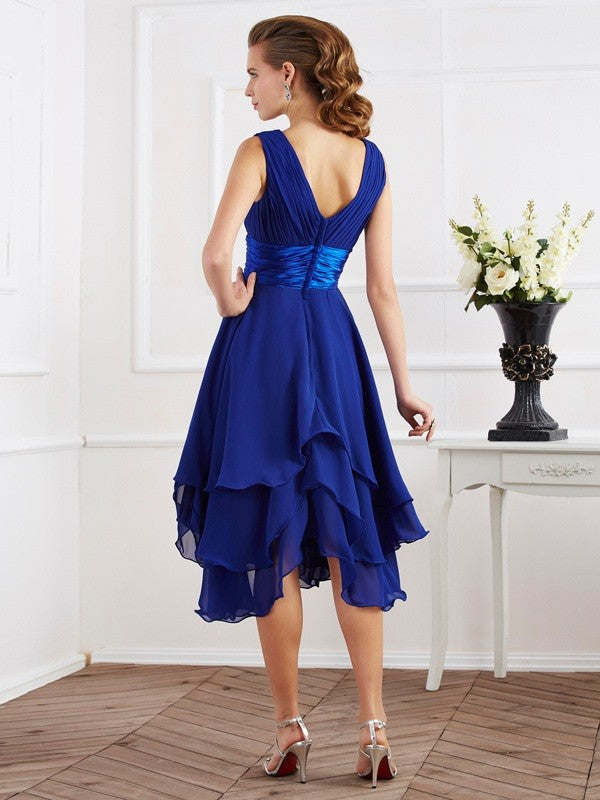 A-Line Charming V-neck Short Sleeves Pleats Short Chiffon Bridesmaid Dresses