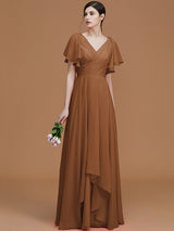 A-Line Charming V-neck Short Sleeves Ruched Chiffon Bridesmaid Dresses