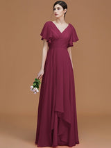 A-Line Charming V-neck Short Sleeves Ruched Chiffon Bridesmaid Dresses