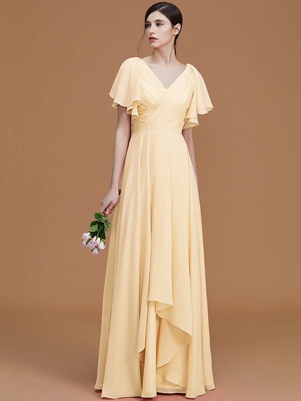 A-Line Charming V-neck Short Sleeves Ruched Chiffon Bridesmaid Dresses