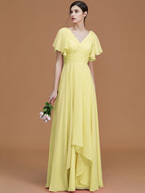 A-Line Charming V-neck Short Sleeves Ruched Chiffon Bridesmaid Dresses