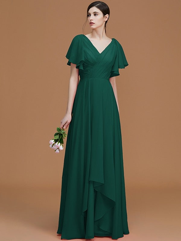 A-Line Charming V-neck Short Sleeves Ruched Chiffon Bridesmaid Dresses