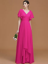 A-Line Charming V-neck Short Sleeves Ruched Chiffon Bridesmaid Dresses