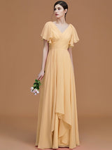 A-Line Charming V-neck Short Sleeves Ruched Chiffon Bridesmaid Dresses