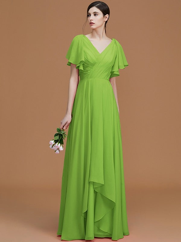 A-Line Charming V-neck Short Sleeves Ruched Chiffon Bridesmaid Dresses