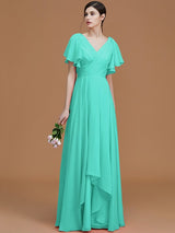 A-Line Charming V-neck Short Sleeves Ruched Chiffon Bridesmaid Dresses