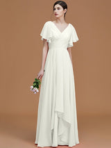 A-Line Charming V-neck Short Sleeves Ruched Chiffon Bridesmaid Dresses