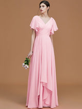 A-Line Charming V-neck Short Sleeves Ruched Chiffon Bridesmaid Dresses