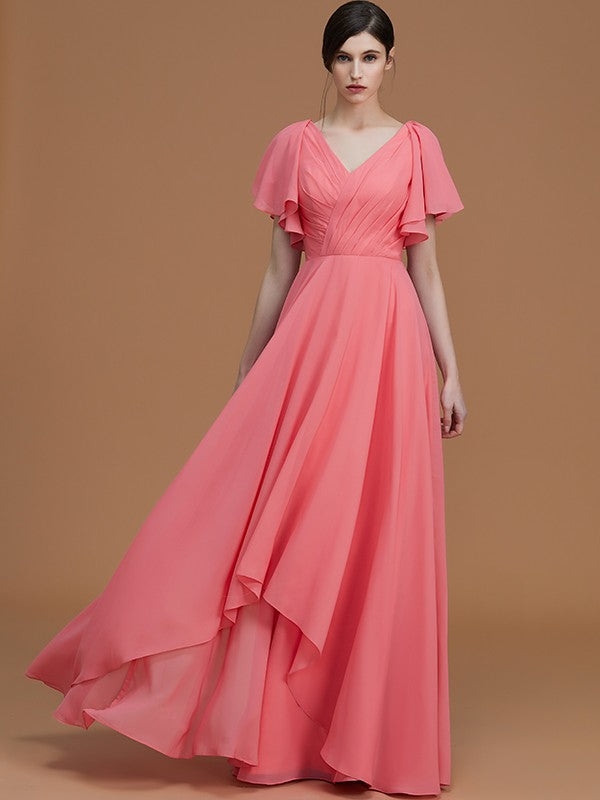 A-Line Charming V-neck Short Sleeves Ruched Chiffon Bridesmaid Dresses