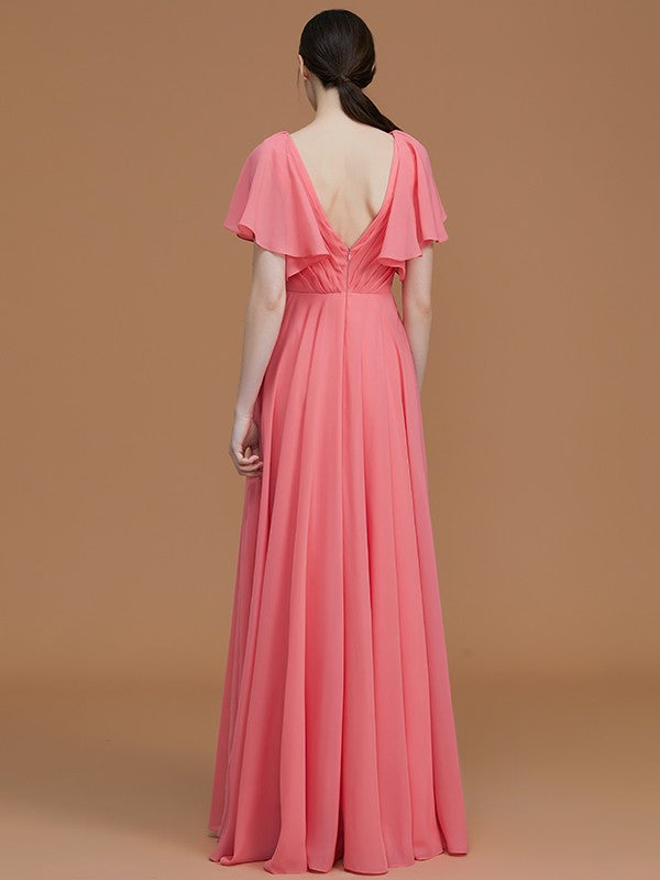 A-Line Charming V-neck Short Sleeves Ruched Chiffon Bridesmaid Dresses