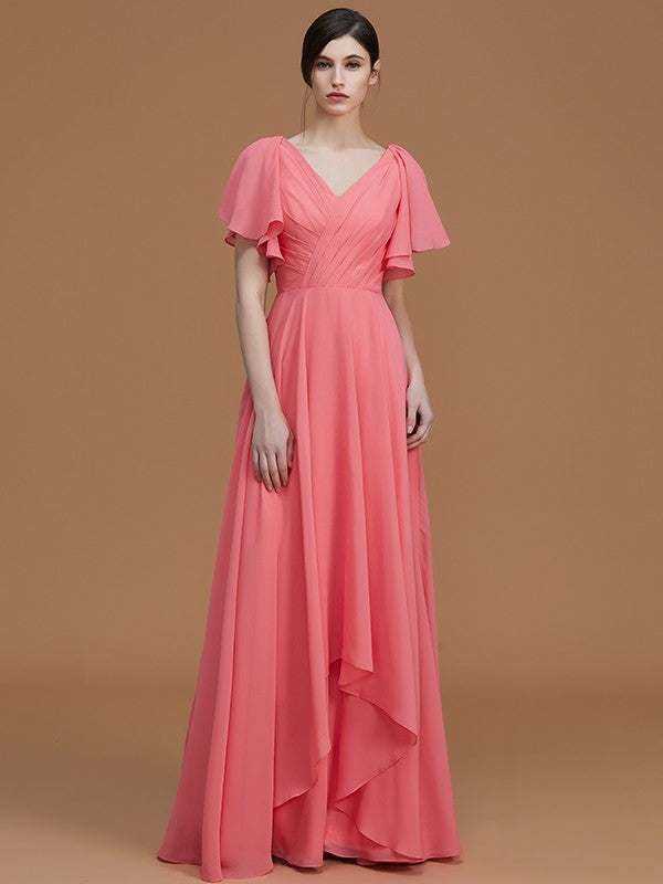 A-Line Charming V-neck Short Sleeves Ruched Chiffon Bridesmaid Dresses