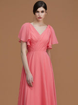 A-Line Charming V-neck Short Sleeves Ruched Chiffon Bridesmaid Dresses