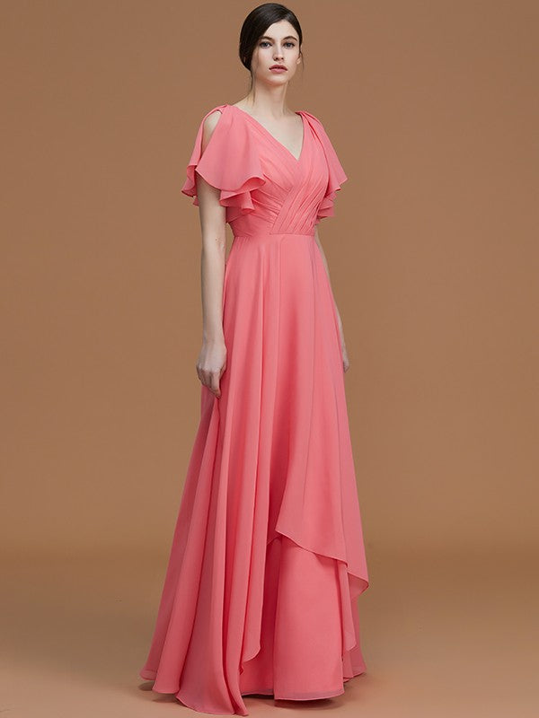 A-Line Charming V-neck Short Sleeves Ruched Chiffon Bridesmaid Dresses