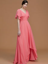 A-Line Charming V-neck Short Sleeves Ruched Chiffon Bridesmaid Dresses