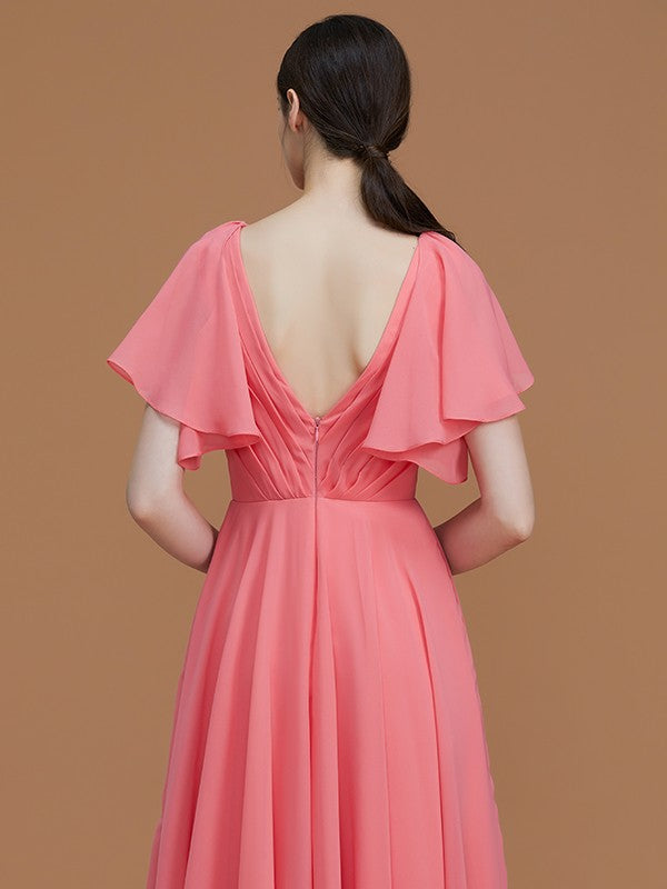 A-Line Charming V-neck Short Sleeves Ruched Chiffon Bridesmaid Dresses