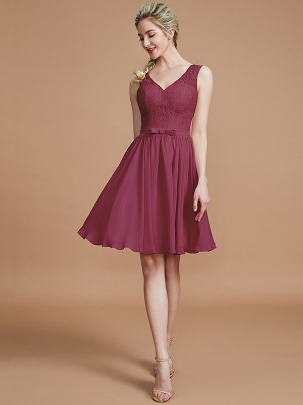 A-Line Charming V-neck Sleeveless Lace Short/Mini Chiffon Bridesmaid Dresses