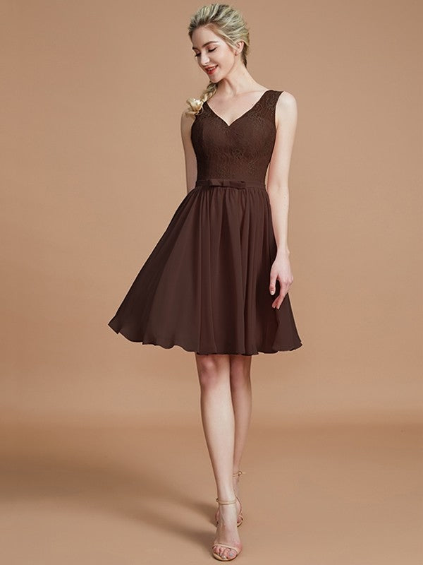 A-Line Charming V-neck Sleeveless Lace Short/Mini Chiffon Bridesmaid Dresses