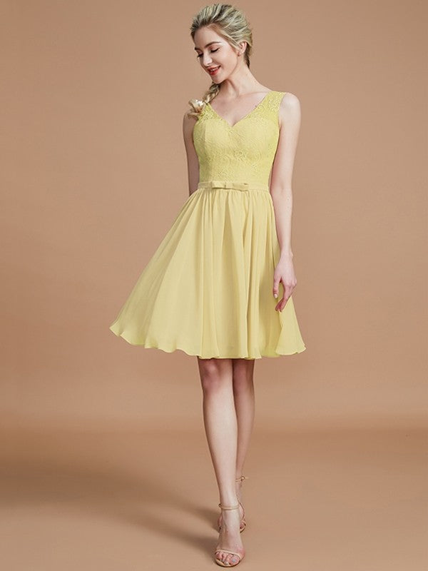 A-Line Charming V-neck Sleeveless Lace Short/Mini Chiffon Bridesmaid Dresses