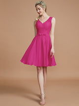 A-Line Charming V-neck Sleeveless Lace Short/Mini Chiffon Bridesmaid Dresses