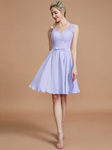 A-Line Charming V-neck Sleeveless Lace Short/Mini Chiffon Bridesmaid Dresses