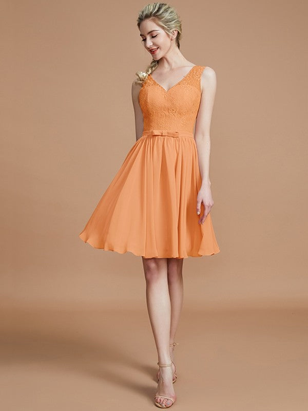 A-Line Charming V-neck Sleeveless Lace Short/Mini Chiffon Bridesmaid Dresses