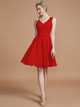 A-Line Charming V-neck Sleeveless Lace Short/Mini Chiffon Bridesmaid Dresses