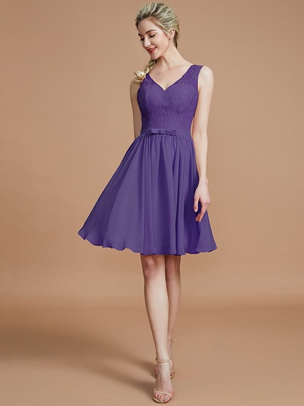 A-Line Charming V-neck Sleeveless Lace Short/Mini Chiffon Bridesmaid Dresses