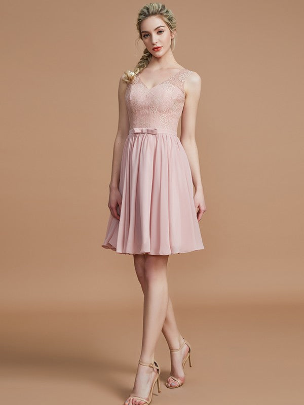 A-Line Charming V-neck Sleeveless Lace Short/Mini Chiffon Bridesmaid Dresses