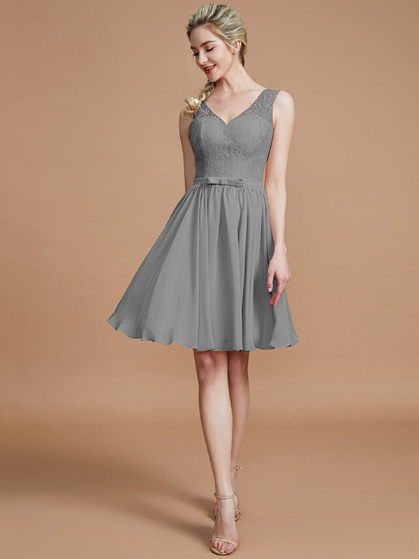 A-Line Charming V-neck Sleeveless Lace Short/Mini Chiffon Bridesmaid Dresses