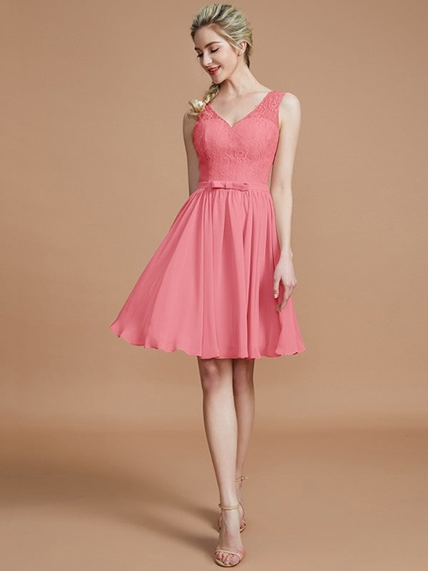 A-Line Charming V-neck Sleeveless Lace Short/Mini Chiffon Bridesmaid Dresses