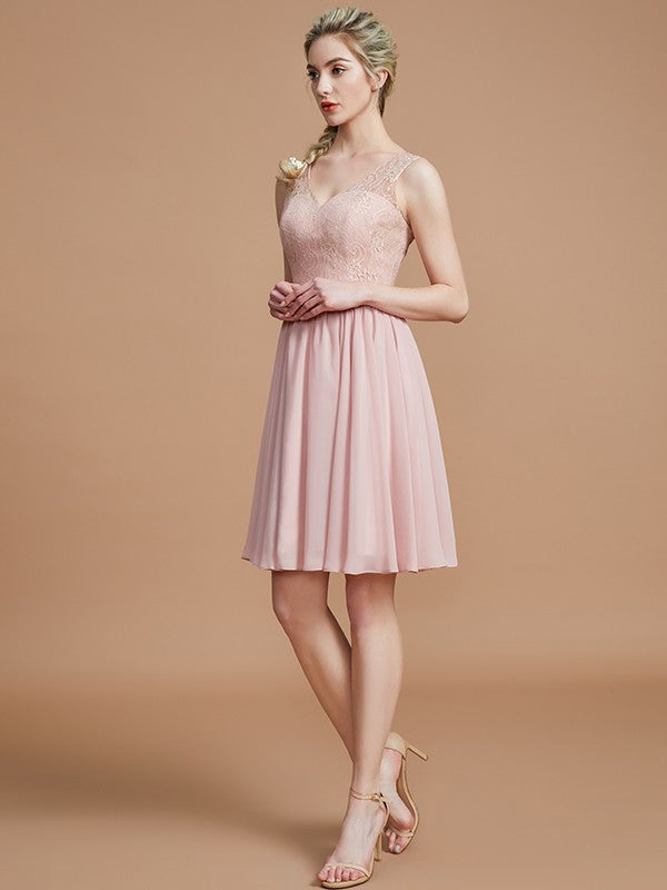 A-Line Charming V-neck Sleeveless Lace Short/Mini Chiffon Bridesmaid Dresses