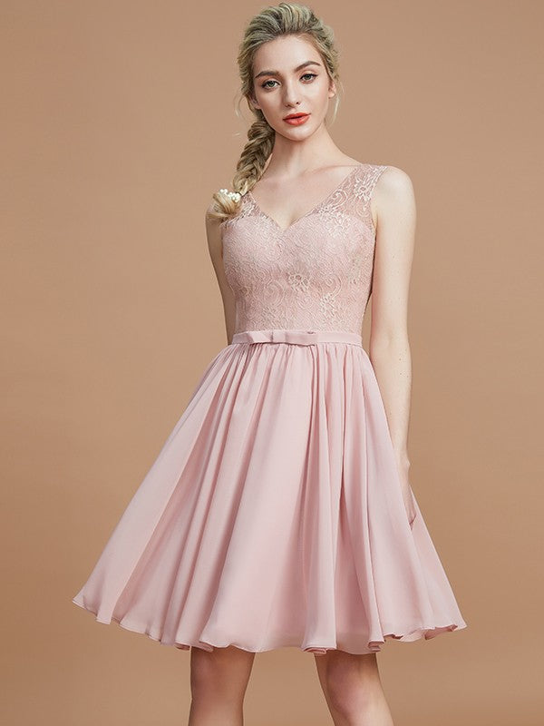 A-Line Charming V-neck Sleeveless Lace Short/Mini Chiffon Bridesmaid Dresses