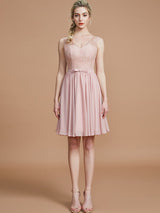 A-Line Charming V-neck Sleeveless Lace Short/Mini Chiffon Bridesmaid Dresses