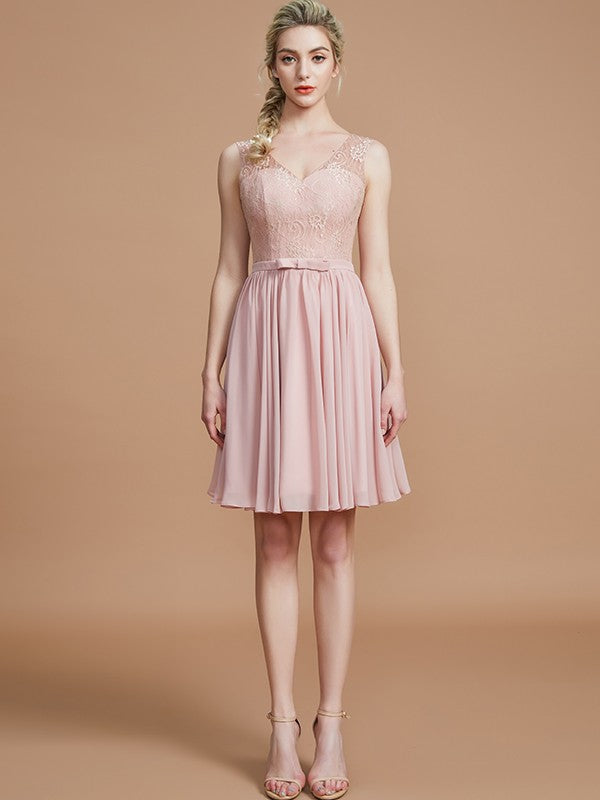 A-Line Charming V-neck Sleeveless Lace Short/Mini Chiffon Bridesmaid Dresses