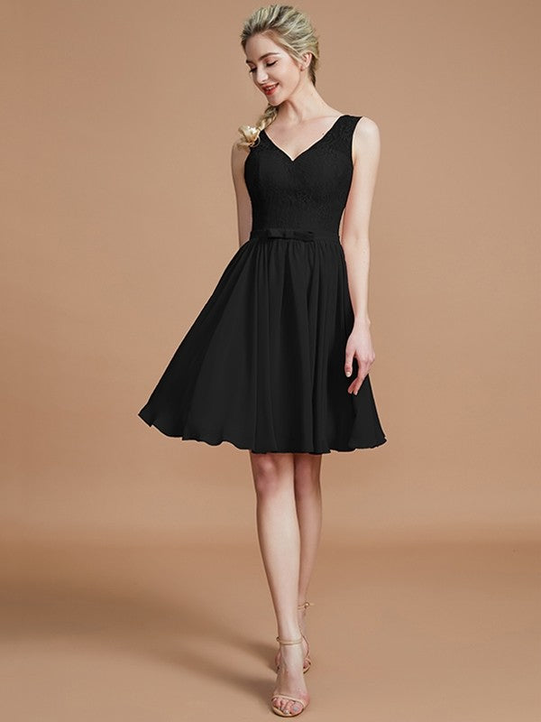 A-Line Charming V-neck Sleeveless Lace Short/Mini Chiffon Bridesmaid Dresses