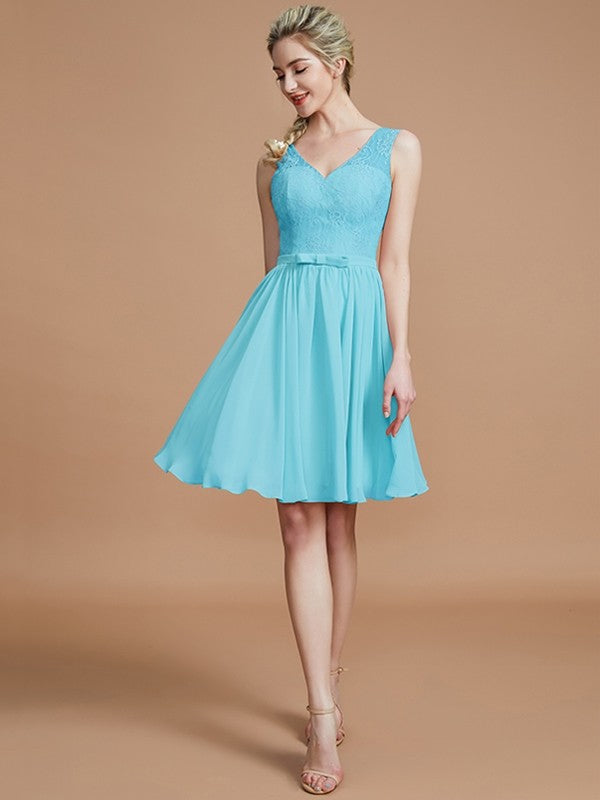 A-Line Charming V-neck Sleeveless Lace Short/Mini Chiffon Bridesmaid Dresses