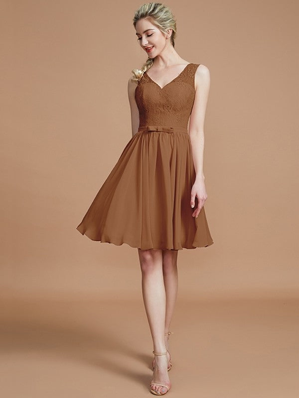 A-Line Charming V-neck Sleeveless Lace Short/Mini Chiffon Bridesmaid Dresses