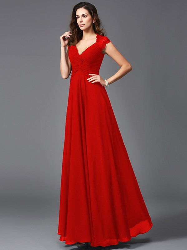 A-Line Charming V-neck Sleeveless Long Chiffon Bridesmaid dresses