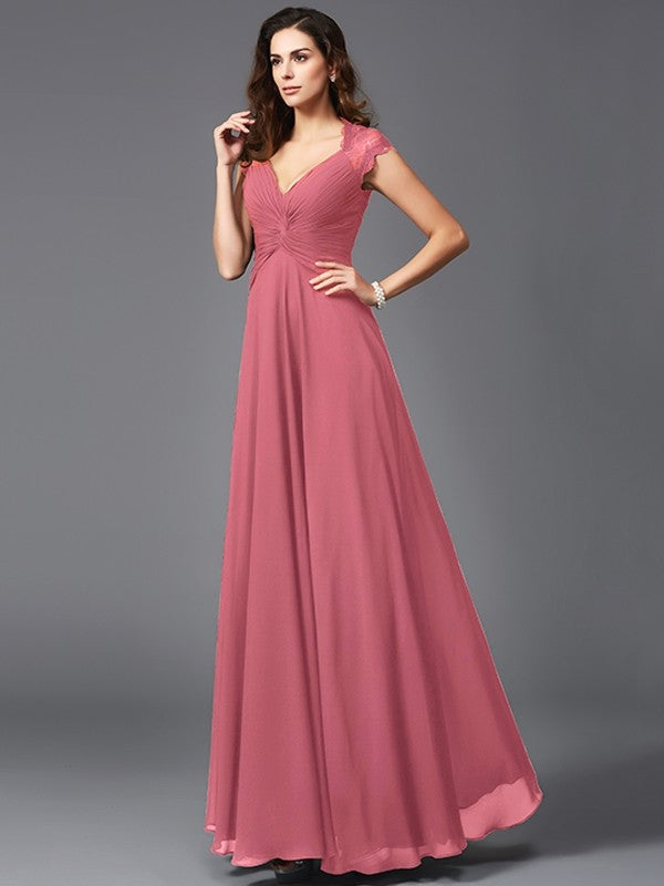 A-Line Charming V-neck Sleeveless Long Chiffon Bridesmaid dresses