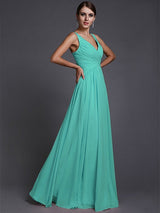 A-Line Charming V-neck Sleeveless Long Ruffles Chiffon Bridesmaid Dresses